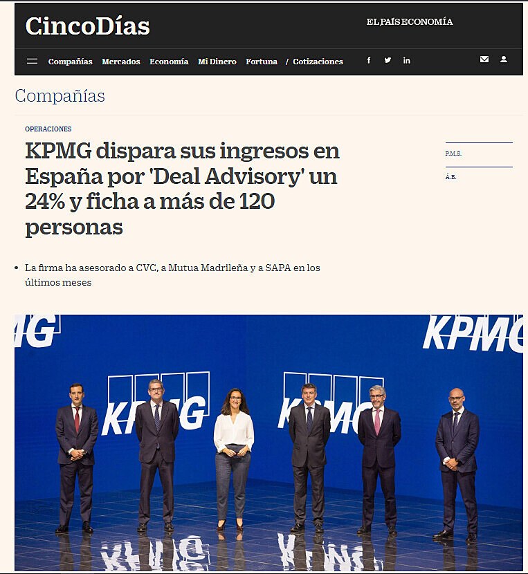 KPMG dispara sus ingresos en Espaa por 'Deal Advisory' un 24% y ficha a ms de 120 personas